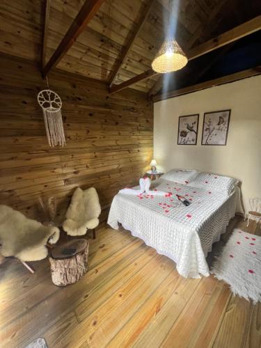 a bedroom with a bed in a wooden room at Recanto dos Pássaros in Alto Caparao