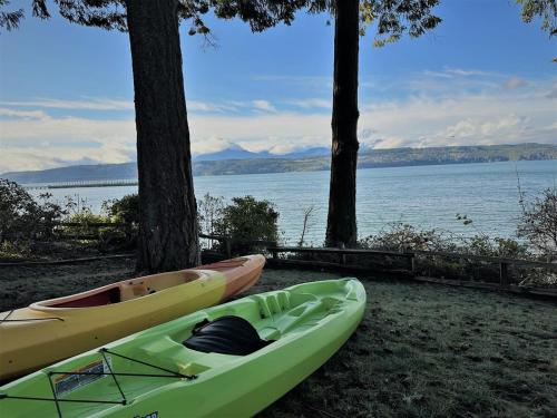 two kayaks sitting on the shore of a lake at Fairyland Cottage, Waterfront, Beach, Kayak, Hot tub in Poulsbo
