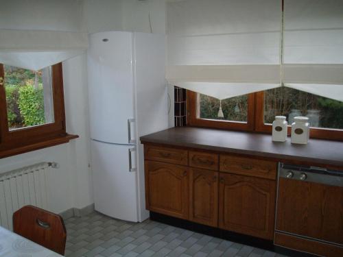a kitchen with a white refrigerator and wooden cabinets at Villa Du Lion D'or in La Petite-Pierre