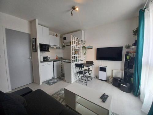 un salon avec un canapé et une cuisine avec une table dans l'établissement Studio classé 2 étoiles, à 200m de la plage de Nauzan parking gratuit, à Vaux-sur-Mer