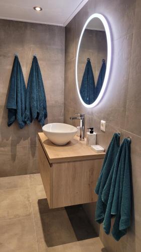 ein Bad mit einem Waschbecken und einem Spiegel in der Unterkunft Dulce Tierra - vakantiewoning in Zoutelande
