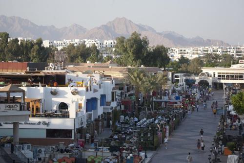 a city street with white buildings and palm trees at Camel Dive Club & Hotel - Boutique Hotel in Sharm El Sheikh
