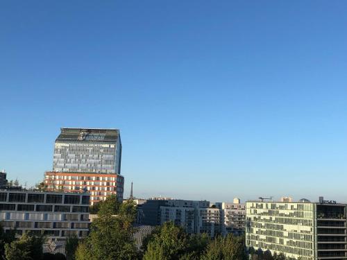 a view of a city skyline with tall buildings at JO 2024 Bel APPARTEMENT DANS UN ECO QUARTIER ANIME PROCHE METRO TRAM ET TOUR EIFFEL in Boulogne-Billancourt