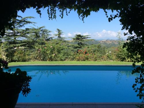 a blue swimming pool with a view of a garden at Villa Nanda a 15 minuti da Roma piscina esclusiva , villa nella natura in Formello