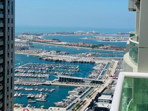 a view of a marina with boats in the water at Sea & Marina view, High Floor, Near Beach in Dubai