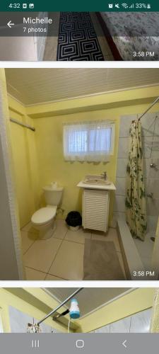 two pictures of a bathroom with a toilet and a sink at Thrillers for the guest that works remote in True Blue