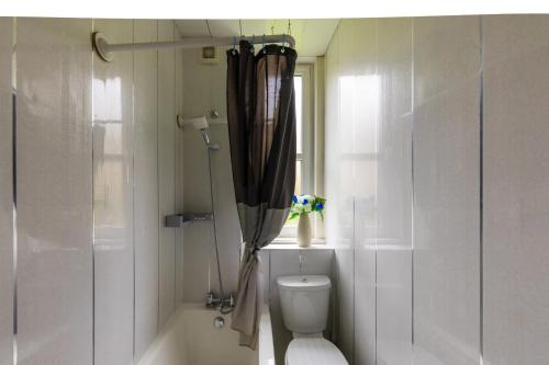 a bathroom with a shower and a toilet and a window at Warm, Cozy&Relaxed Apartment by Holyrood Palace in Edinburgh