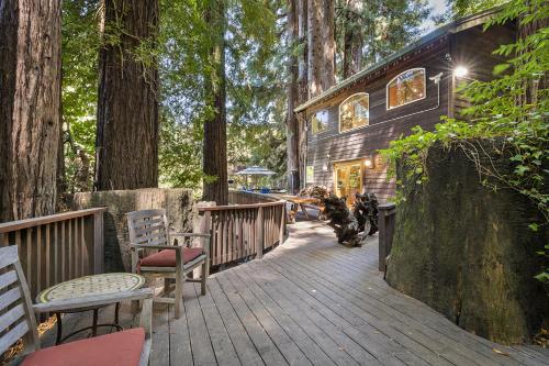 a wooden deck with two benches and a house at Willowhaven in Monte Rio