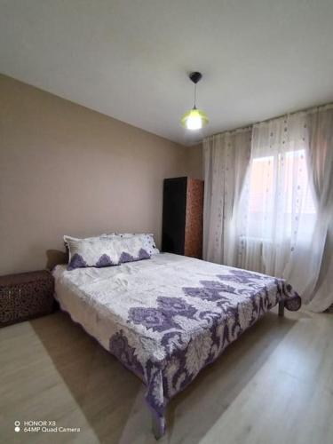 Schlafzimmer mit einem Bett und einem Fenster in der Unterkunft Apartament in centrul istoric in Baia Mare