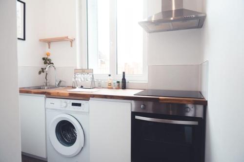 une cuisine avec un évier et une machine à laver dans l'établissement Le Sauvignon, T2 de caractère avec jardin, à Tours