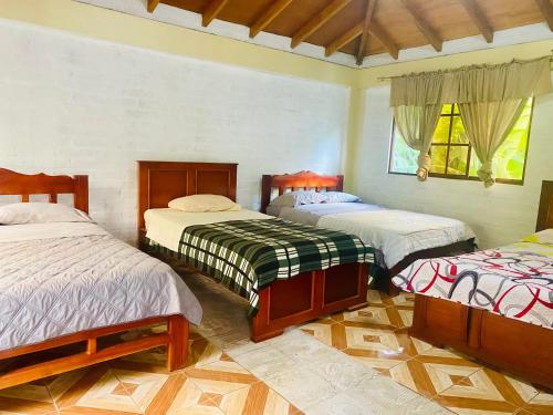 1 Schlafzimmer mit 3 Betten in einem Zimmer in der Unterkunft HOSTERIA SAN GERONIMO in Ibarra