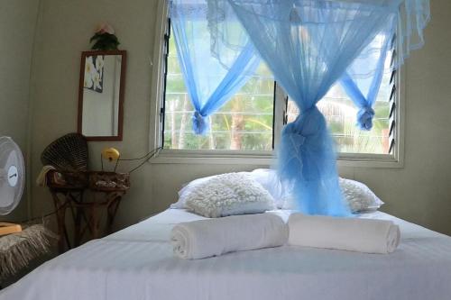 um quarto com uma cama com uma cortina azul em welcome to putuo ecolodge hidden germ of Solomon 