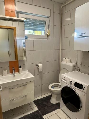 ein Badezimmer mit einem WC, einem Waschbecken und einer Waschmaschine in der Unterkunft CAPITAL APARTMAN VIROVITICA in Virovitica