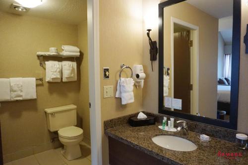 a bathroom with a sink and a toilet and a mirror at Ramada by Wyndham Kelowna Hotel & Conference Center in Kelowna