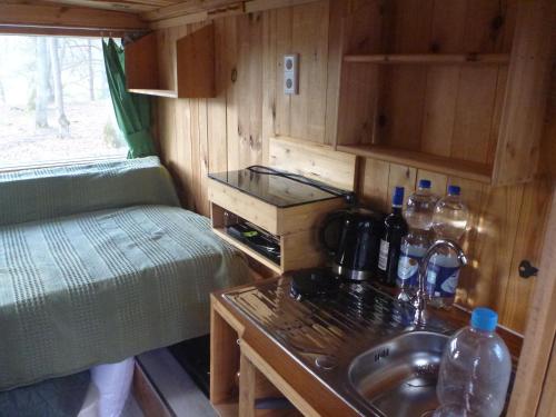 a kitchen with a sink and a bed in a trailer at Bauwagen Schorfheide supergut isoliert ganzjährig nutzbar in Joachimsthal