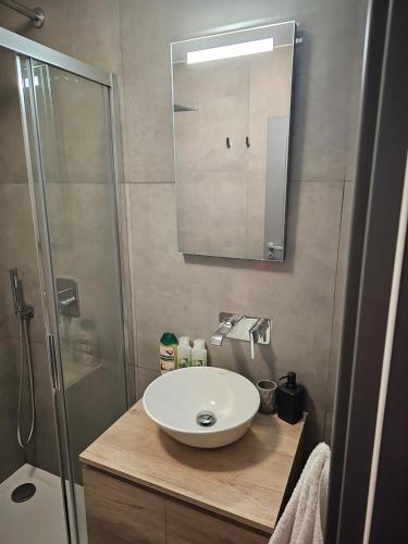 a bathroom with a white sink and a shower at DAHLIA APARTMENT Paola in Paola