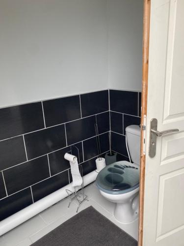 La salle de bains est pourvue de toilettes et d'un mur carrelé noir. dans l'établissement maison des caucases, à Baron