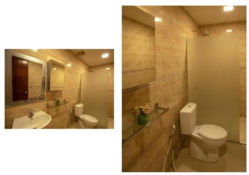 two pictures of a bathroom with a toilet and a sink at Dawn Golf Villa in Tanjung