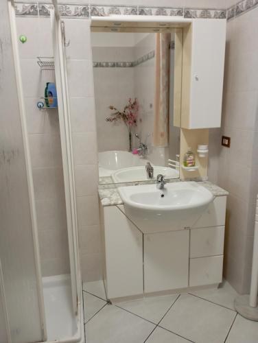 a white bathroom with a sink and a shower at B&B I Tre Ulivi in Morro dʼOro