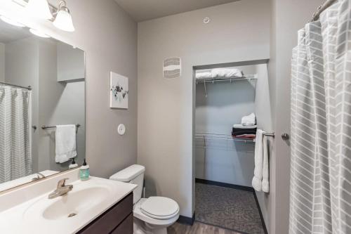uma casa de banho com um lavatório, um WC e um espelho. em Spacious 2BR Suite Plus Patio Near Iowa State em Ames