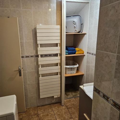 une petite salle de bain avec un lavabo et une douche dans l'établissement Gîte de charme aux portes des châteaux, à Suèvres