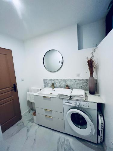 une salle de bain avec une machine à laver et un lavabo dans l'établissement Les Gites d'Andréa- Chez les Fifou, à Surba