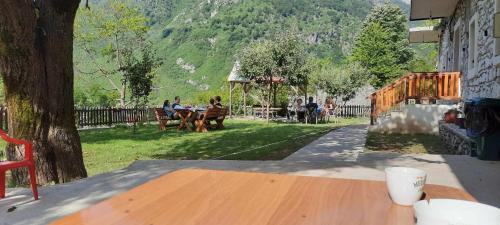 einen Tisch mit Leuten, die an einem Tisch im Park sitzen in der Unterkunft Stomici Guesthouse in Ndërlysaj