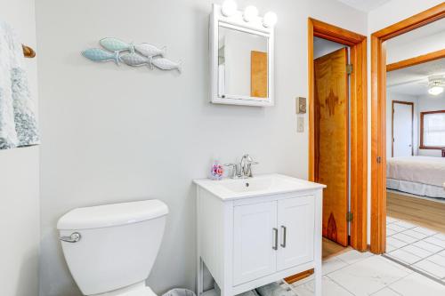 a bathroom with a toilet and a sink and a mirror at House on Paw Paw Lake with Private Dock! in Coloma
