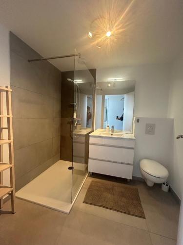 une salle de bain avec une douche, des toilettes et un lavabo dans l'établissement Ocean gate, à Marseillan