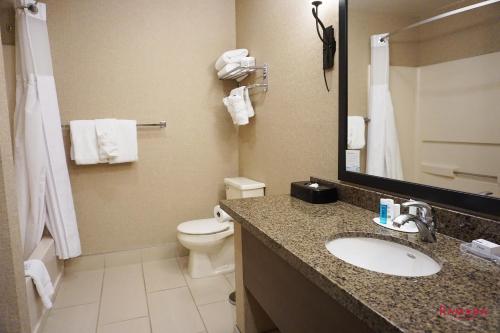 a bathroom with a sink and a toilet and a mirror at Ramada by Wyndham Kelowna Hotel & Conference Center in Kelowna