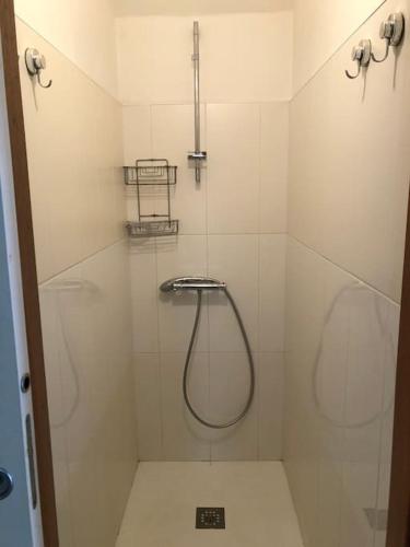 La salle de bains blanche est pourvue d'une douche avec un tuyau. dans l'établissement Charmant logement sur la plage, à Serra-di-Ferro