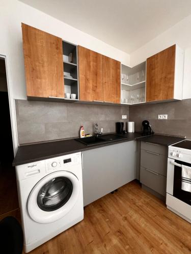 una cucina con lavatrice e lavandino di Apartman “Timravy” a Martin