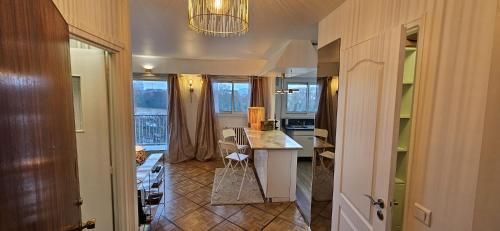 uma cozinha com um balcão e uma mesa num quarto em Studio chaleureux avec vue sur la Seine em Boulogne-Billancourt