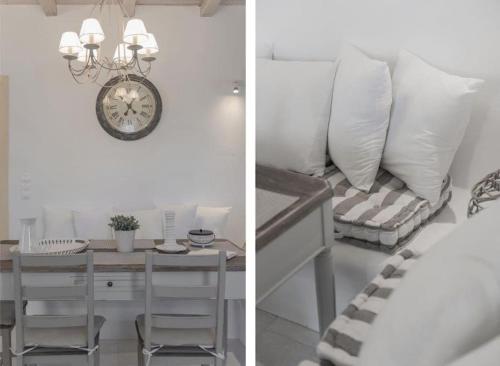 two pictures of a living room with a couch and a table at Villa Nausithoe 1 Paros in Logaras