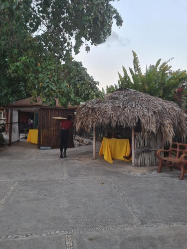 a person standing in front of a hut with a frisbee at Sky Beach Rooms in Lucea