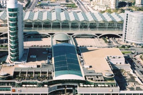 an overhead view of a large building with a stadium at Apartamento Lisboa Parque das Nações in Lisbon