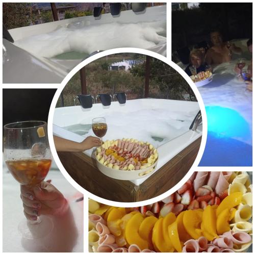 a collage of pictures with a bowl of food and a glass of wine at Hotel Campestre Cabañas de la Sierra Nevada de El Cocuy in Panqueba