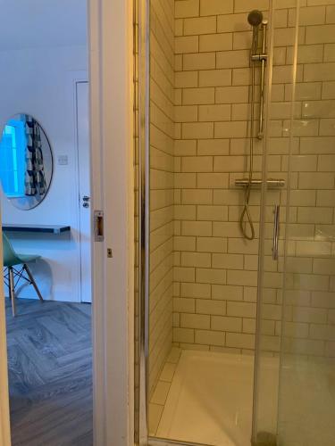 a bathroom with a shower with a bath tub at Town Center Beautiful 1 Bed Apartment in Kinsale