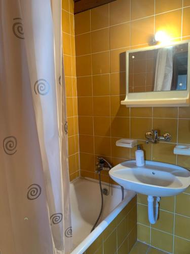a bathroom with a sink and a bath tub at Fisherman's Apartment in Petrovac na Moru
