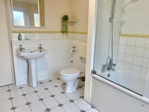 a bathroom with a toilet and a sink and a shower at Charming london flat in London