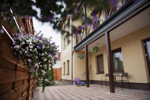 a hanging basket of flowers on the side of a building at Villa Andalucia SPA & Leisure in Ciechocinek