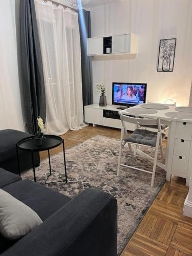 uma sala de estar com um sofá, uma mesa e uma televisão em Très bel appart à 2mns du Metro et du Canal/Parc em Pantin