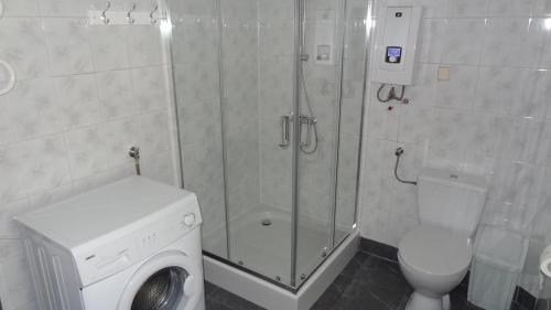 a bathroom with a shower and a toilet and a washing machine at Dom Wakacyjny in Rowy