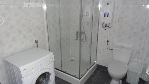 Un baño con ducha y WC y una lavadora. en Dom Wakacyjny, en Rowy