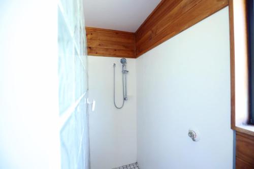 a shower in a bathroom with a wooden ceiling at Miranda Farm - Away from city, surrounded by animals in Kaiapoi