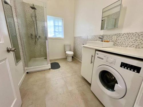 a bathroom with a washing machine and a shower at Large Modern Space in Cedar Grove