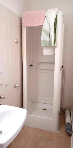 une salle de bain blanche avec une douche et un lavabo dans l'établissement Appartement cosy à Néris-les-Bains - 30 m² - Parking, à Néris-les-Bains