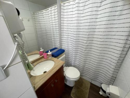 uma casa de banho com um lavatório, um WC e um chuveiro em alojamiento city em Santiago