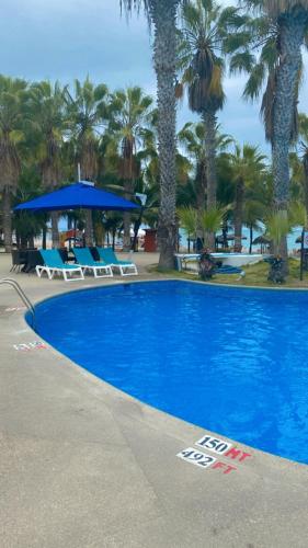 a large blue swimming pool with palm trees at Punta Centinella Yacht Club in Santa Elena
