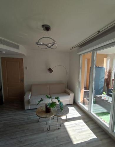 un salon avec un canapé et une table dans l'établissement Petit lac appartement Mandelieu-la-Napoule, à Mandelieu-la-Napoule